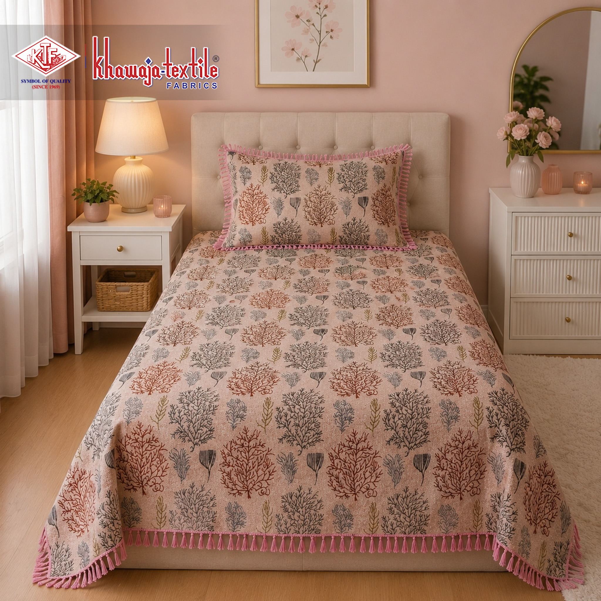 Multani Bedsheet Matching Set Khawaja Textile tree plain – SIngle pair, Pink thumbnail