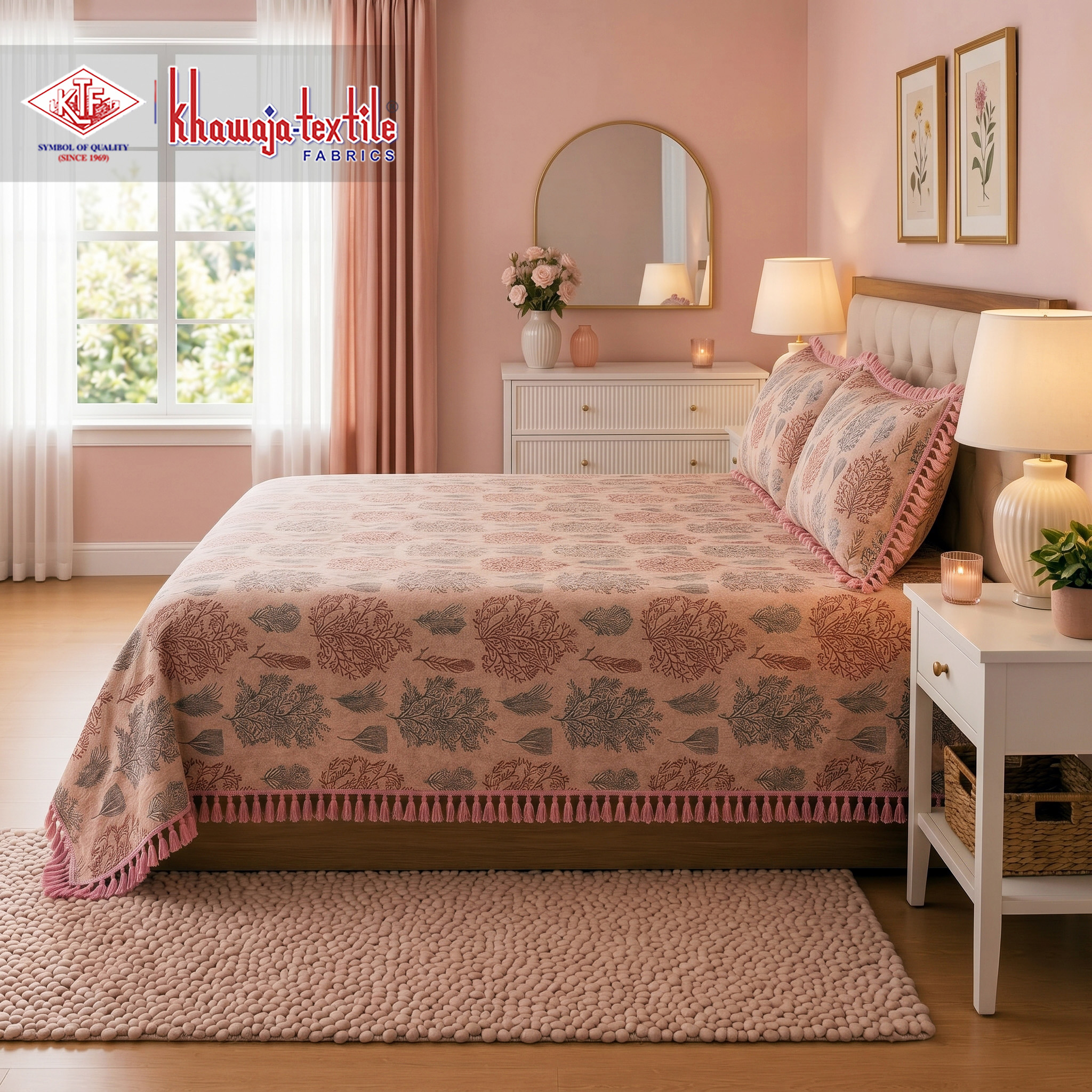 Multani Bedsheet Matching Set Khawaja Textile tree plain – King, Pink thumbnail
